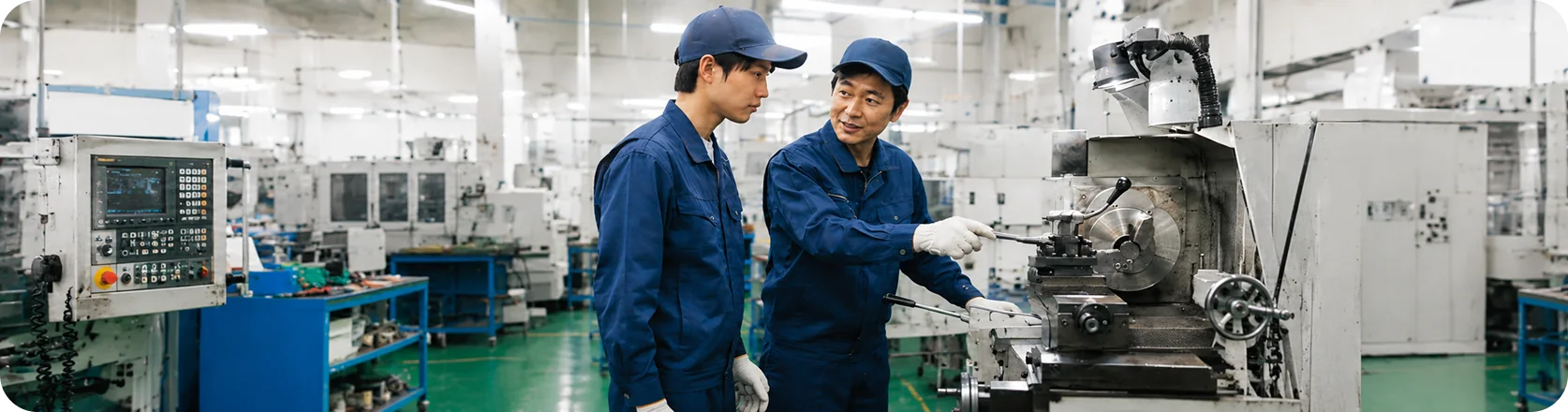 先輩社員から工作機械の操作指導を受ける若手社員