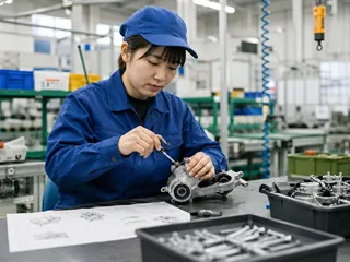 部品を組み立てる社員
