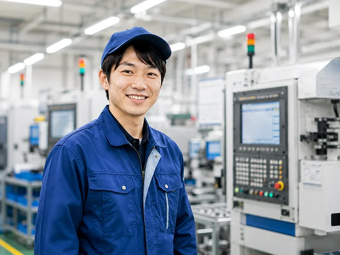 製造機械の前に立つ入社3年目の社員