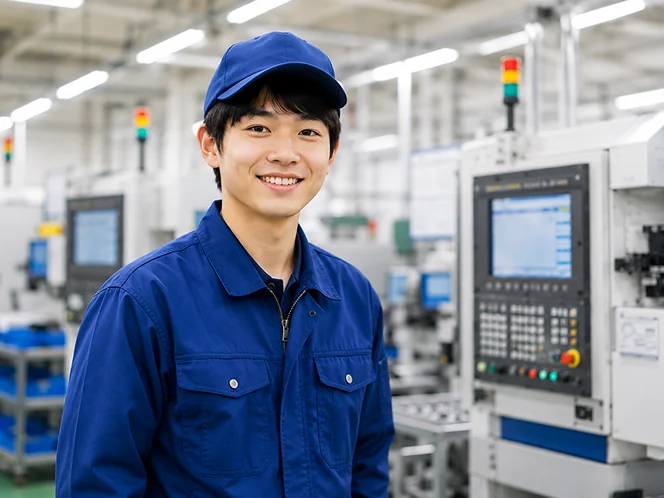 製造機械の前に立つ入社1年目の社員