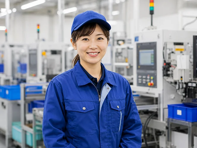 製造機械の前に立つ入社5年目の社員